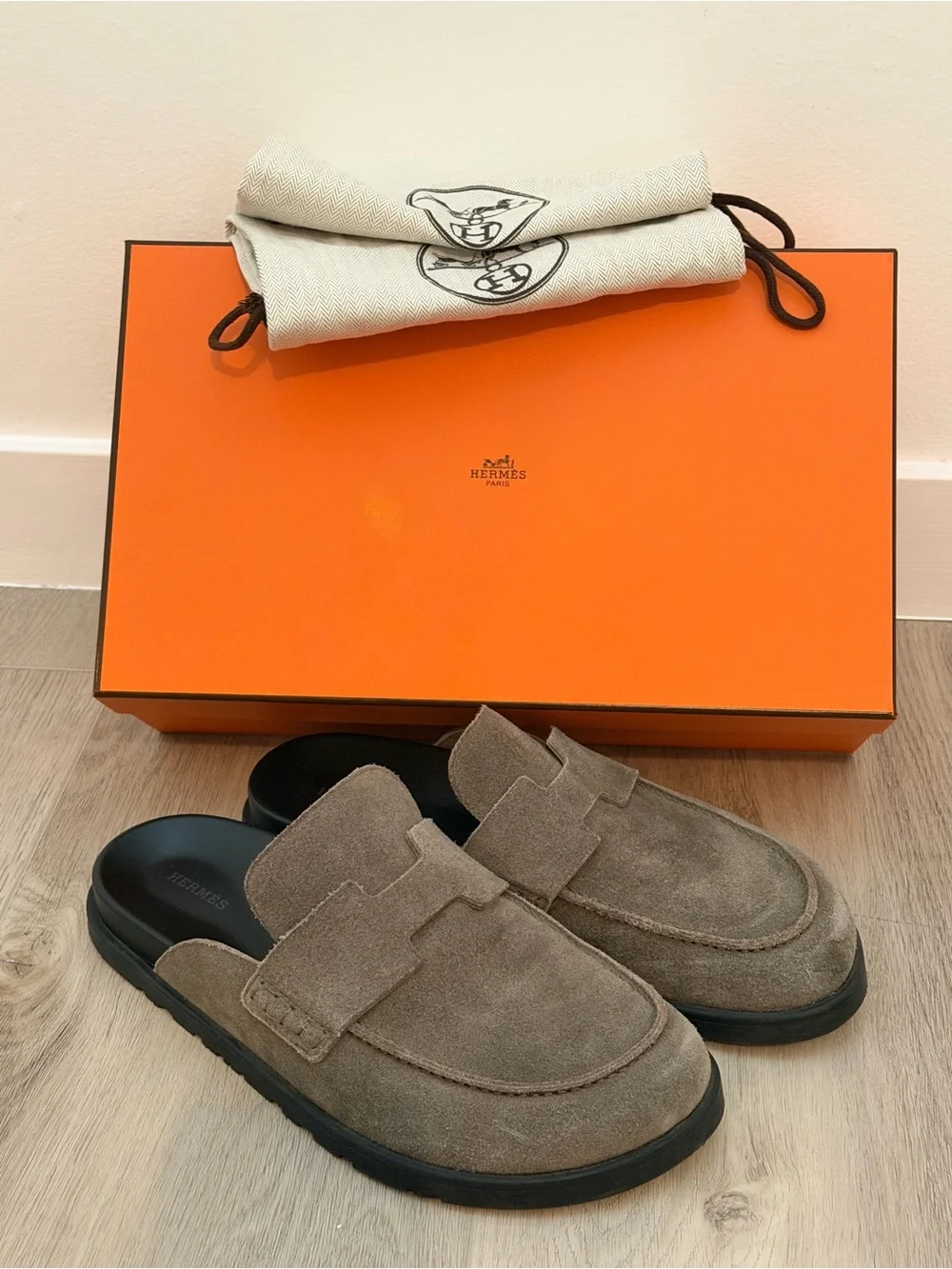 Hermes Men’s Go Mule in Suede Etoupe (42.5 EU, 9.5 US)